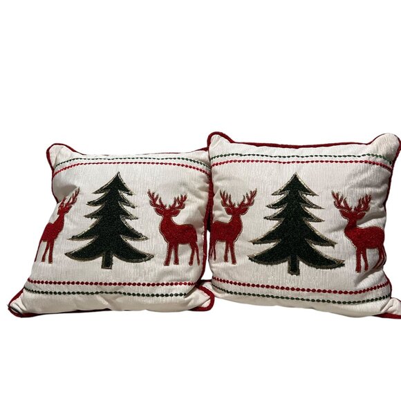 Holiday Decorative Throw Pillow Reindeer Tree Christmas Winter Set of 2 - Picture 1 of 6